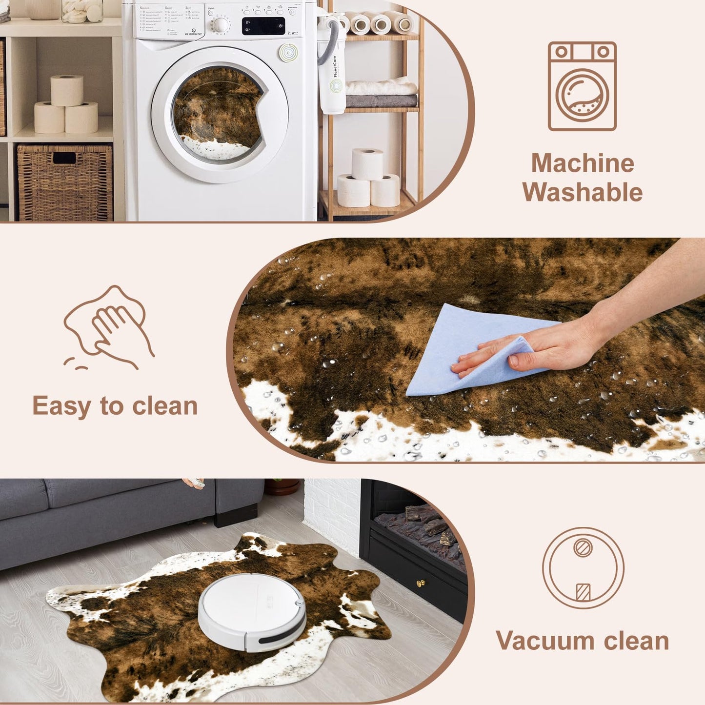 Fixseed Faux Cowhide Rug Cow Print Rug Animal Area Carpet Washable Rugs for Bedroom Living Room Western Decor 43.3" L x 29.5" W(3.6ft x 2.5ft)，Brown
