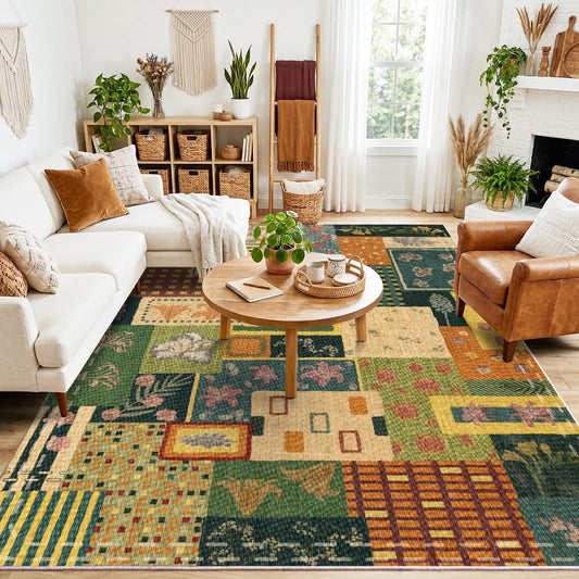 Flowers Patchwork Abstract 8x10 Area Rug, Green Soft Faux Wool Geometric Rugs for Living Room, Non Slip Low Pile Washable Indoor Carpet Rug for Bedroom, Entryway, Dining Room, Home Office Decor