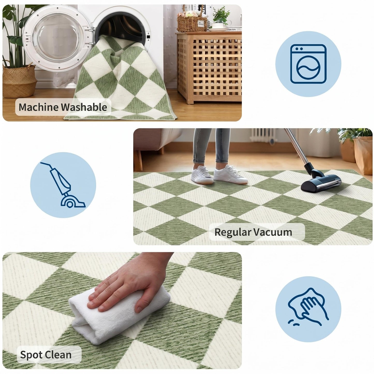 GarveeHome 5x7 Modern Checkered Area Rug, Sage Green Washable Rugs for Living Room Bedroom, Soft Low Pile Non Slip Diamond Floor Mat Plaid Print Throw Rug Indoor Carpet Dining Room Playroom