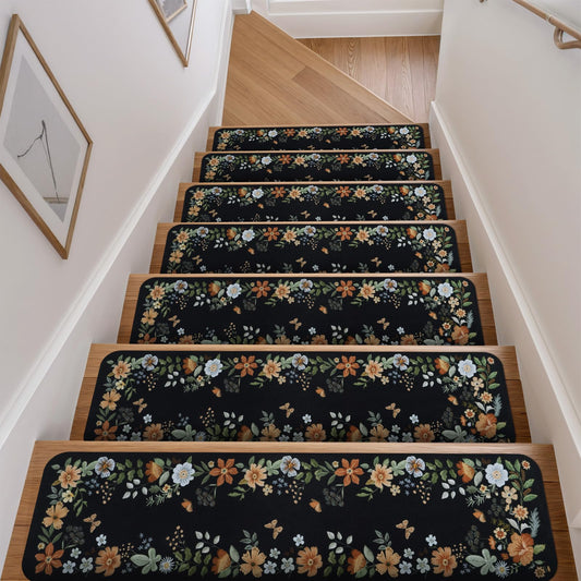 OJIA Floral Stair Treads Non-Slip Carpet Stair Treads for Wooden Steps Indoor 15PCS 30"x8" Stair Runner Stair Mats Staircase Step Treads for Kids, Elders and Dogs, Stair Covers, Black