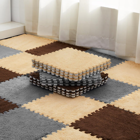Amylove 36 Pack Plush Foam Floor Mat Square Interlocking Carpet Tiles with Border Fluffy Play Mat Floor Tiles Soft Climbing Rugs for Bedroom Playroom, 12 x 12 x 0.4 in(Gray, Apricot, Dark Brown)