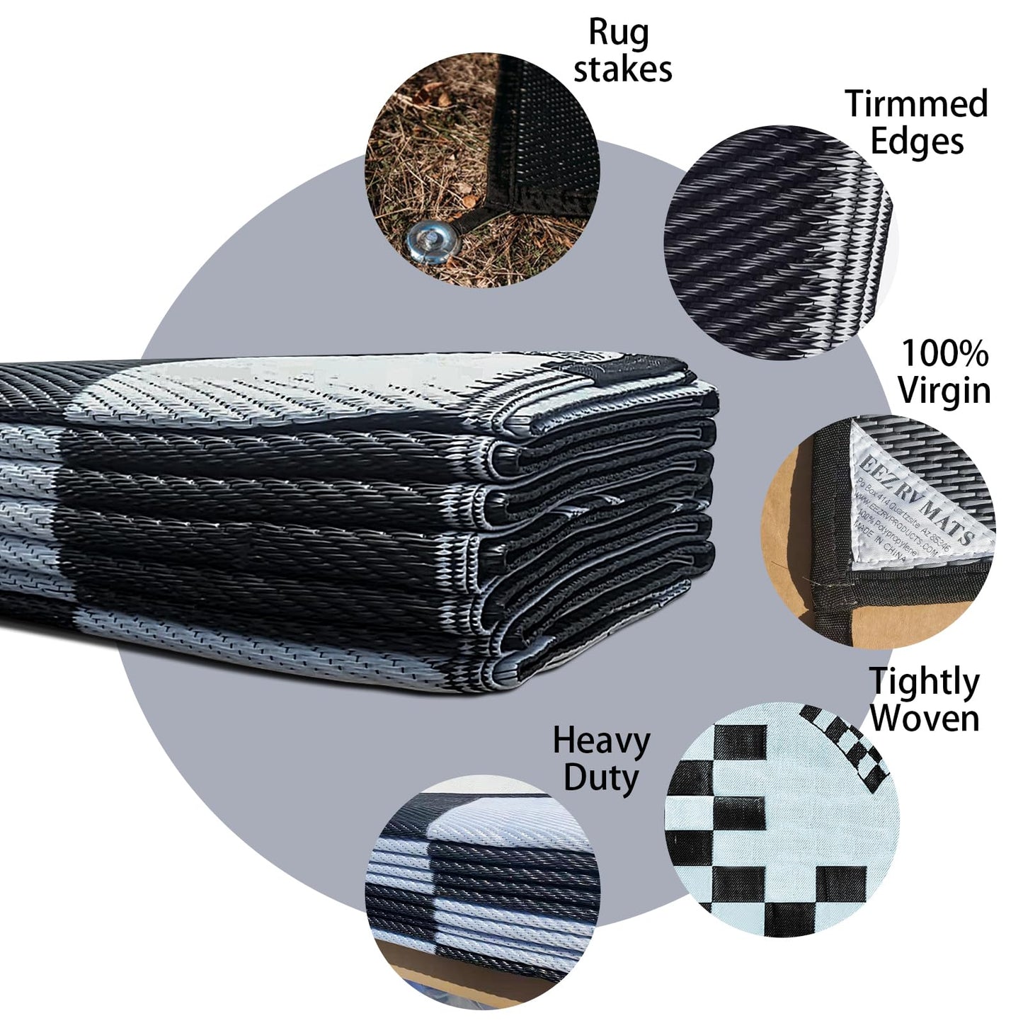 EEZ RV Products 9'x12'cf Heavy Duty Reversible/Durable Outdoor RVing/Boondocking Mats (9ft x12ft Black & White Checker Flag) Come with Large Storage Bag & 6 Sets of Stakes and Washer