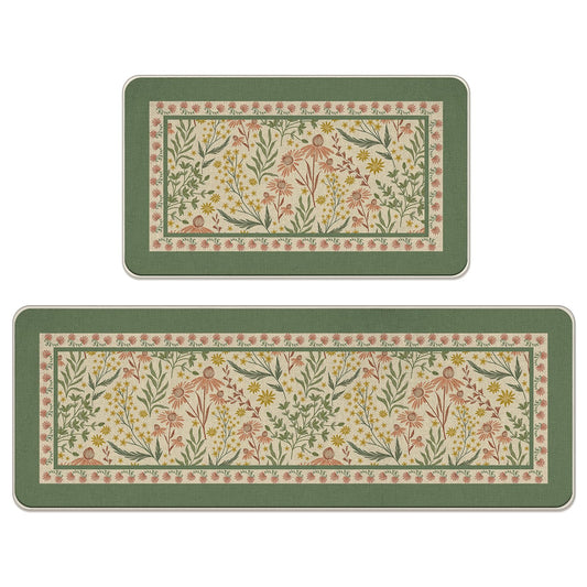 Livcoz Vintage Flowers Kitchen Rugs Set of 2, Retro Green Pink Floral Botanical Floor Mats Home Decor, Spring Summer Wildflower Door Mat Decorations - 17x29 and 17x47 Inches