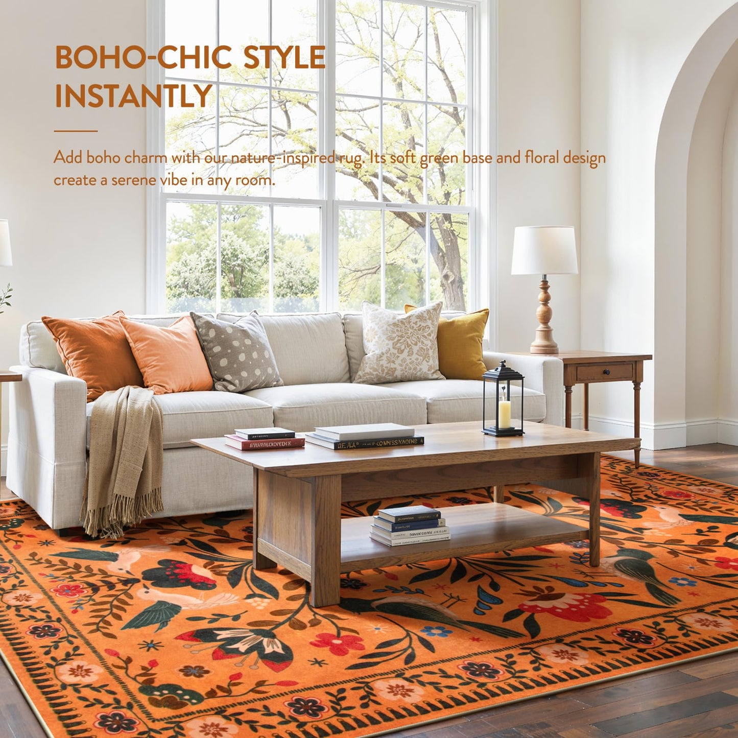 Moynesa Area Rugs 9x12 Fall Home Decor, Bohemian Scandinavian Modern Country Aesthetic Floral Bird Medallion Carpet for for Living Room Bedroom Dining Room,Non-Slip Washable Floor Protection