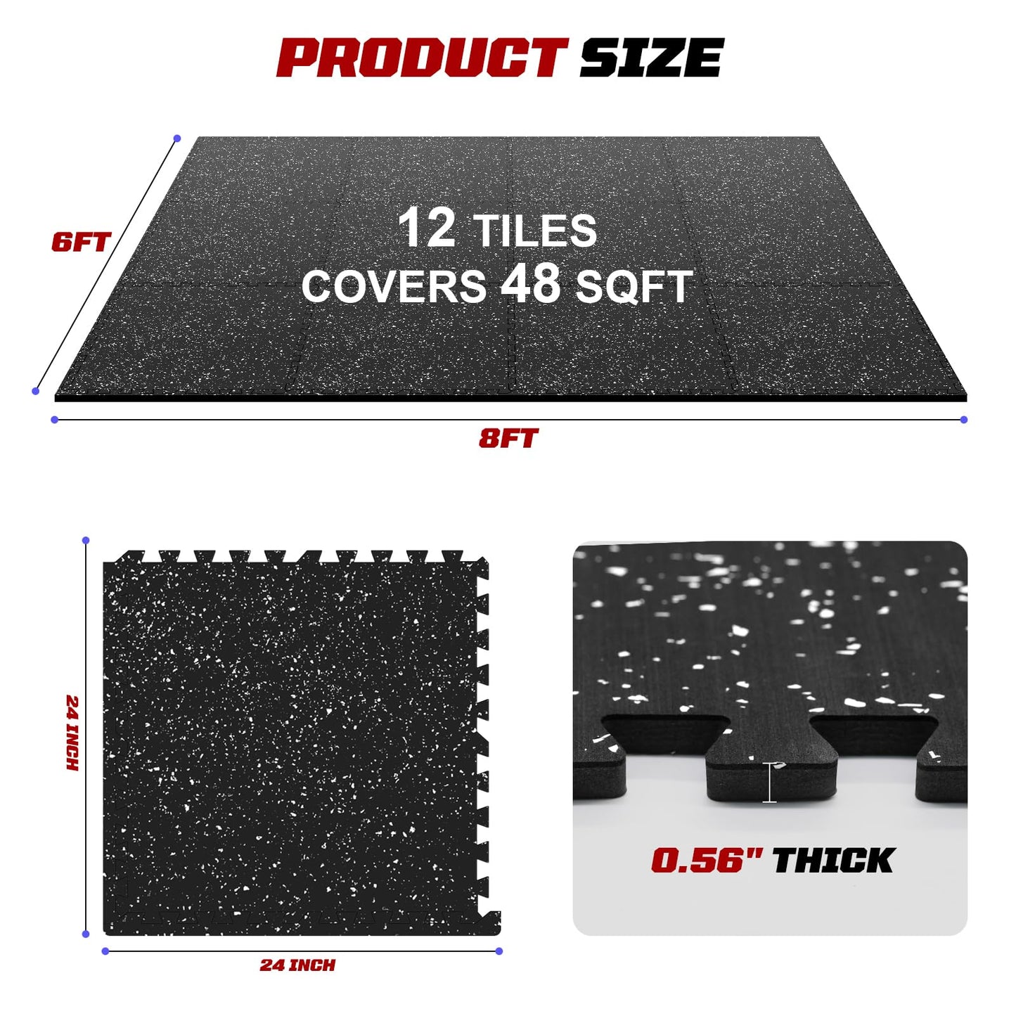 HOTMVP Interlocking Exercise Equipment Mats, 0.56" Thick 12 Tiles (48 Sq Ft) - Rubber Top Gym Flooring with High Density EVA Foam, Heavy Weight Workout Mats for Home GymFloor Protection,Black/White