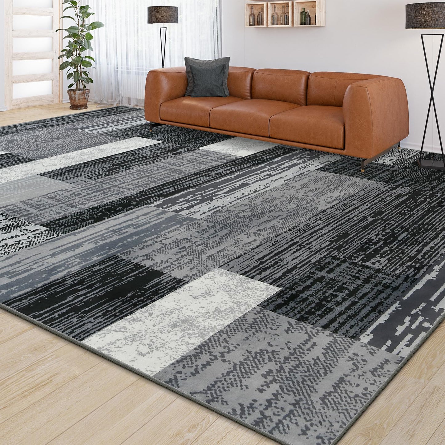 Large Area Rugs,Modern Geometric Patchwork Floor Decor for Bedroom Aesthetic Carpet, Rockwood Collection, Indoor Rugs for Living Room, Dining Room, Nursery, Office, Machine Washable Rug,5x8 Ft Grey