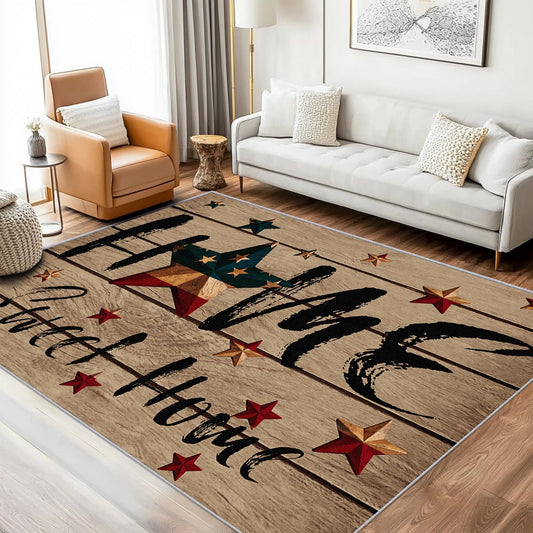 PLMHXC Country Primitive Area Rugs, 3x4ft, Home Sweet Home Vintage Wood Barn Star Rugs for Living Room, Non Slip Durable Low Pile Throw Rug, Cozy No Crease Foldable Carpets for Bedside Bedroom