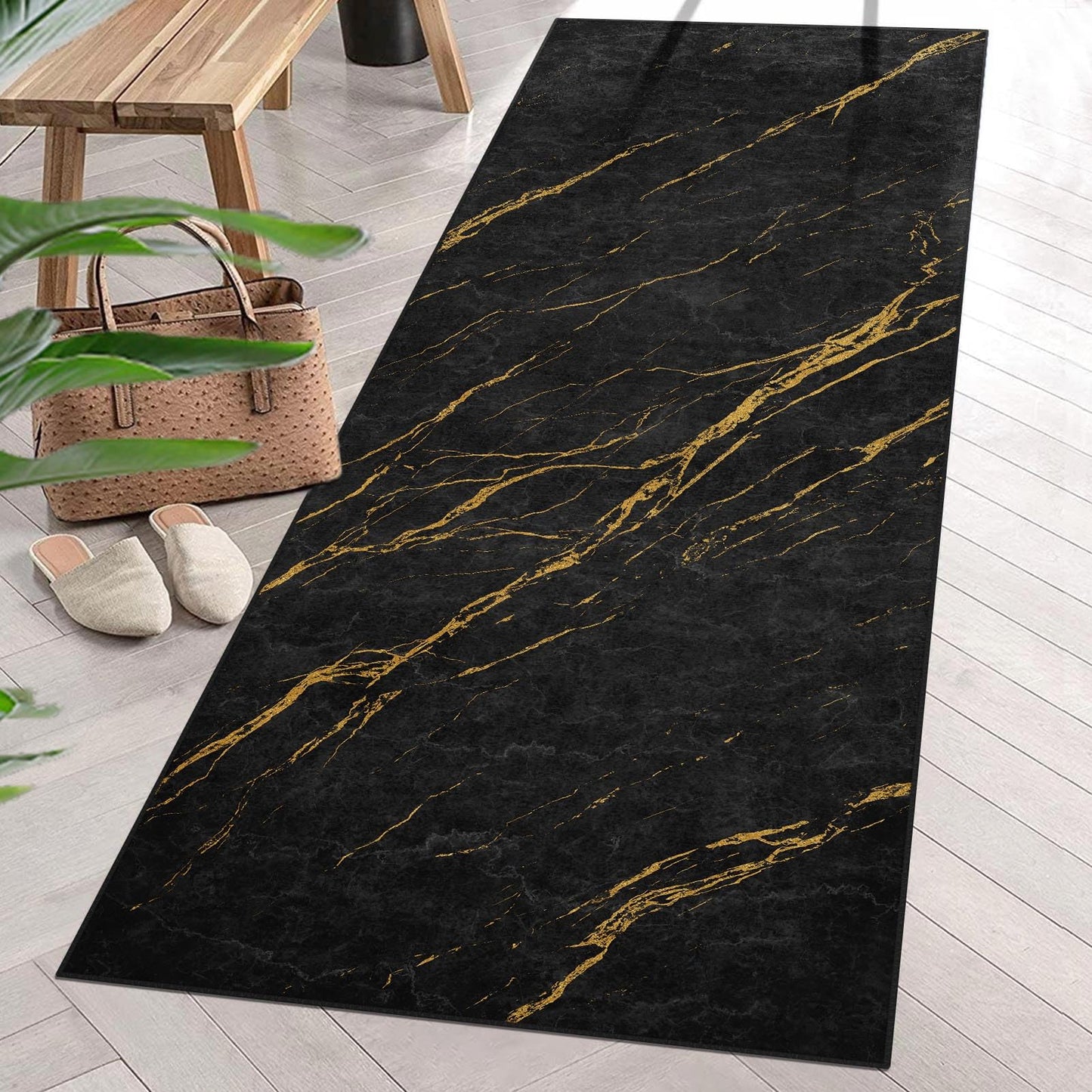 ArtSocket Area Rug Marble Black Gold Entry Runner Rug 2' x 6' Non-Slip Washable Indoor Door Mat Carpet for Bedroom Kitchen Entryway Laundry Living Home Decor