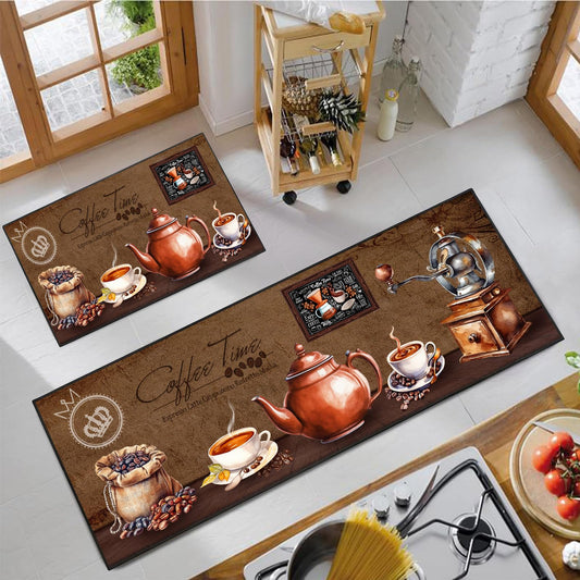 UYDOXCU Brown Coffee Kitchen Rug 2 Piece Set, Vintage Farmhouse Decor Kitchen Floor Mat, Non-Slip Absorbent and Washable Home Decoration Carpet 17 * 30+17 * 47 Inches