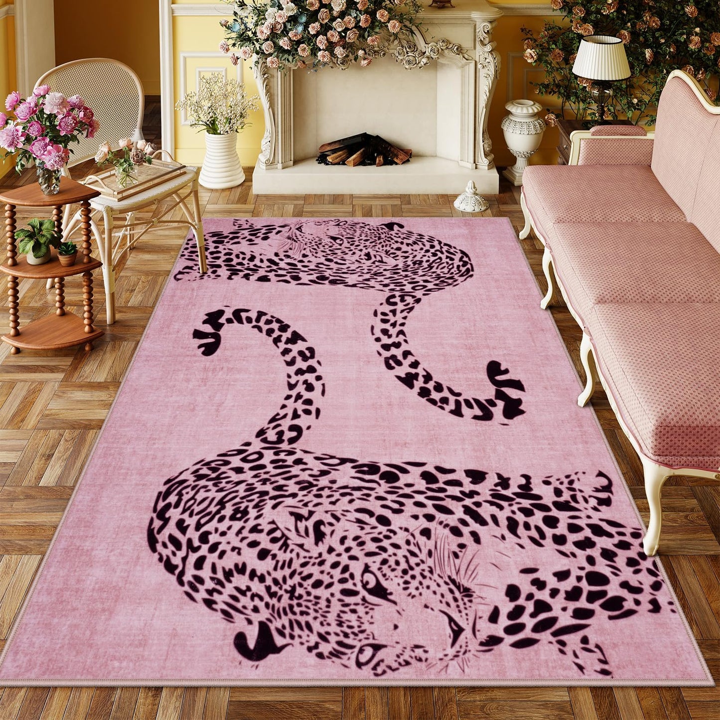 OJIA Leopard Print 5x7 Area Rugs for Living Room, Soft Washable Rugs for Bedroom Ultra-Thin Non-Slip Moden Pink Rug, Stain Resistant Nursery Rug Carpet for Kids Playroom Classroom Dining Room