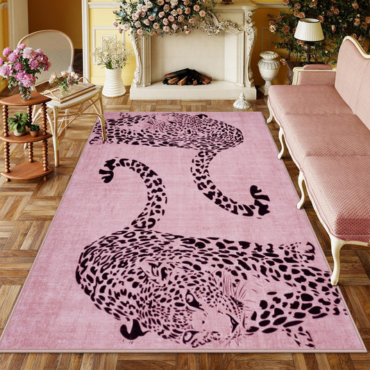 OJIA Leopard Print 5x7 Area Rugs for Living Room, Soft Washable Rugs for Bedroom Ultra-Thin Non-Slip Moden Pink Rug, Stain Resistant Nursery Rug Carpet for Kids Playroom Classroom Dining Room