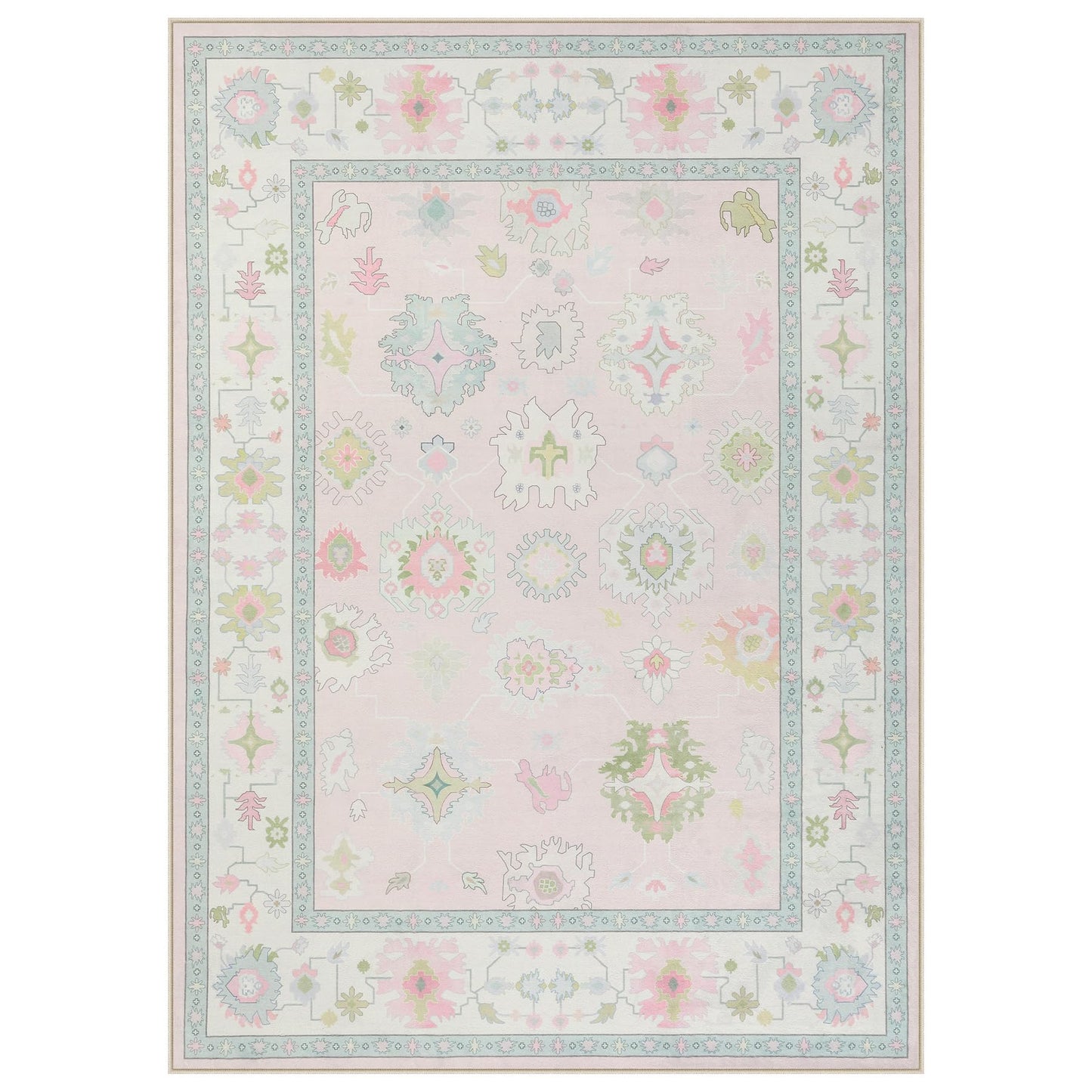 Tribesigns Boho Oushak 5x7 Washable Area Rug for Girls Bedroom, Soft Pastel Pink Nursery Rug Living Room, Oriental Floral Non-Slip Ultra Thin Indoor Carpet for Dorm Kids Playroom