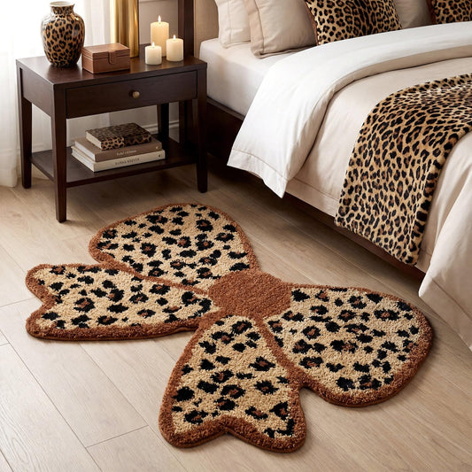Klyyo Clyro Leopard Print Bow Shaped Bathroom Rug, 31.5x22 in Soft Plush Cheetah Bow Bath Mat, Coquette Cute Bowknot Room Decor, Aesthetic Non Slip Animal Print Area Rug for Bedroom Living Room