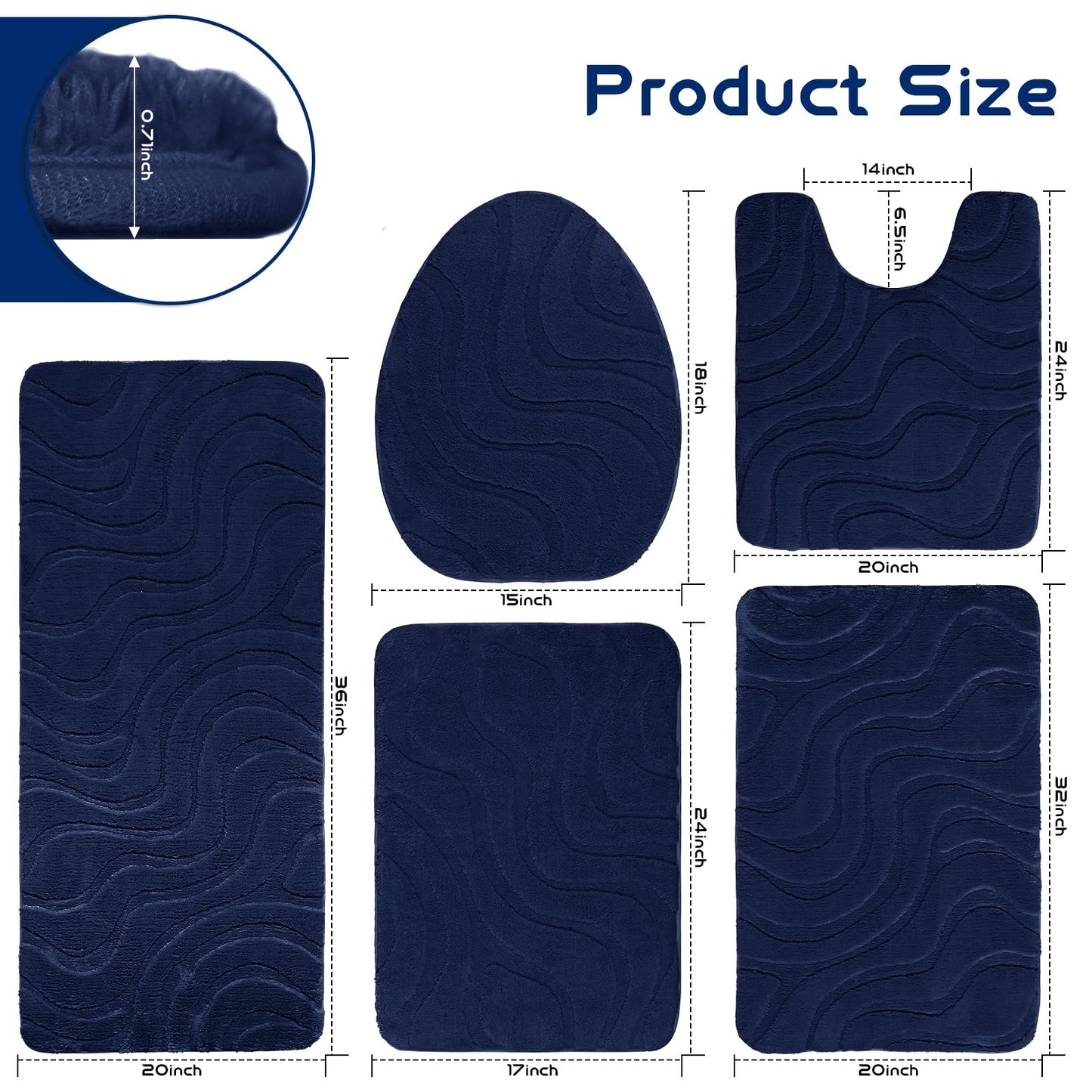 Aqzuxira Bathroom Rug Sets 5 Piece, Ultra Soft Absorbent Non-Slip Plush Bath Mats, Includes Toilet Cover, Bath Runner and U-Shaped Contour Toilet Rug, Machine Washable,Navy Blue