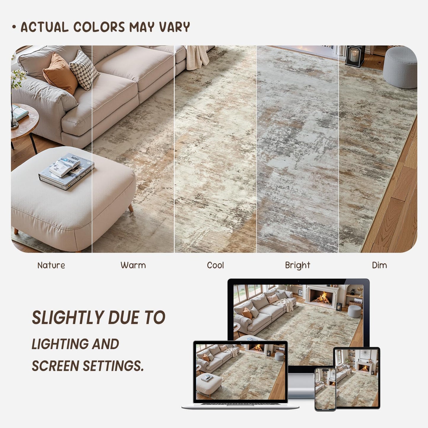6x9 Area Rugs for Living Room, Washable Rugs for Bedroom, Modern Abstract Rug with Non-Slip Silicone Backing, Low Pile Soft Carpet for Dining Dorms Room Nursery Office Indoor Home Decor (Brown&White)