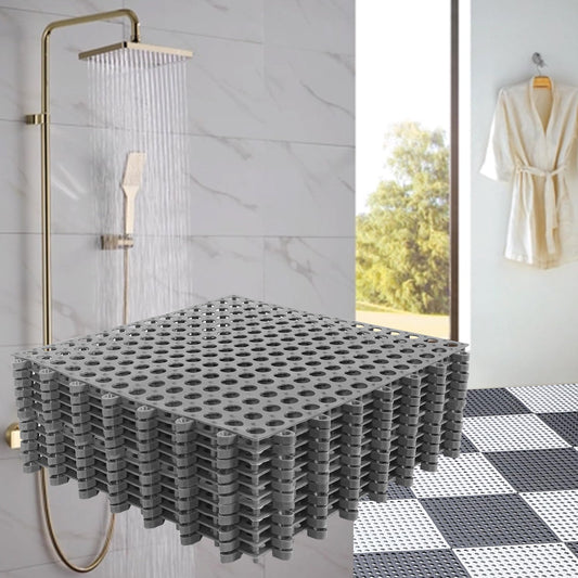 12 Pack 11.8" x 11.8" Interlocking Floor Tiles with Drain Holes Soft PVC Non Slip Shower Floor Mat Modular Interlocking Cushion Mat for Drain, Pool, Patio, Balcony, Kennel, Poultry, Floor Grid, Grey