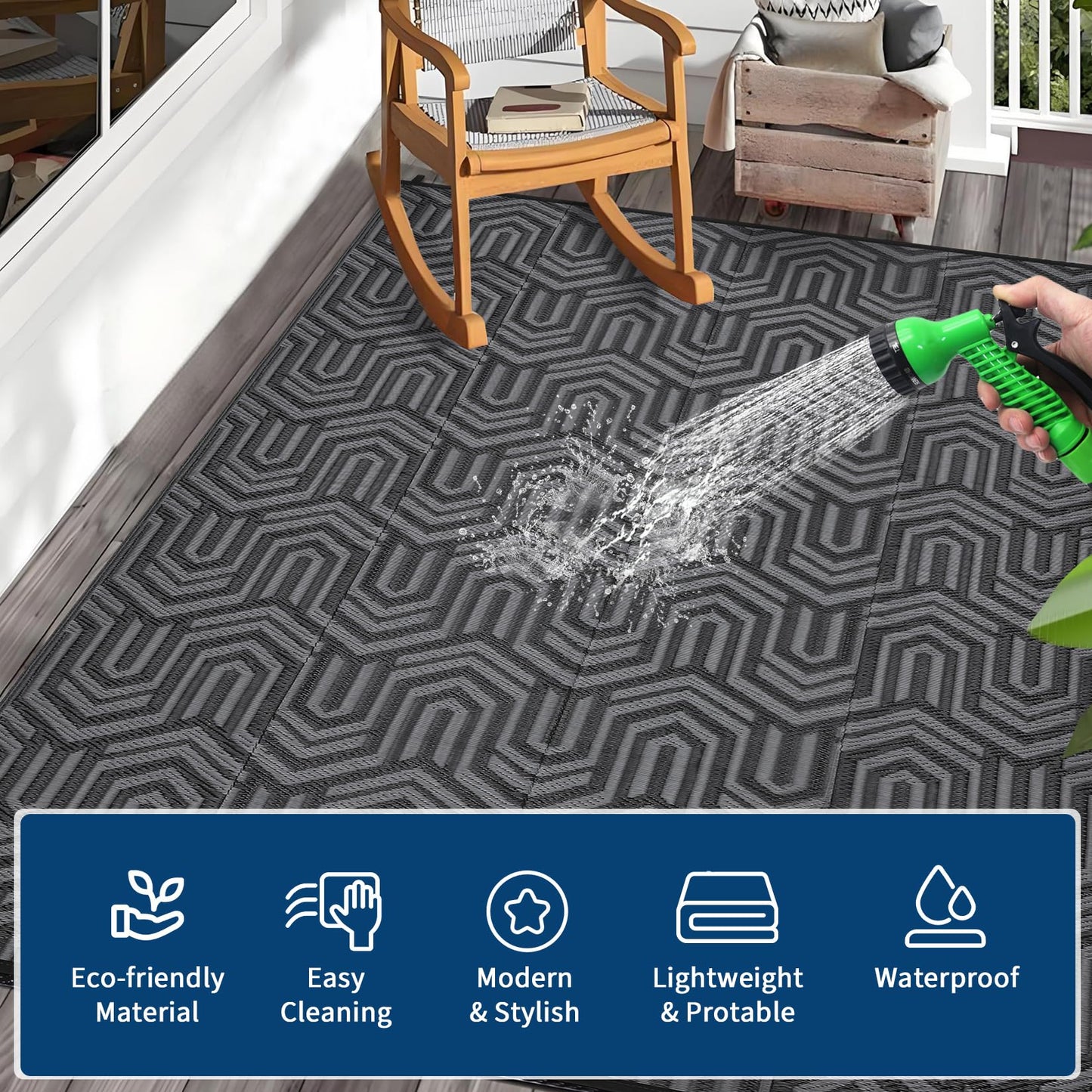 MilleLoom 9x12 Outdoor Rug Waterproof Foldable Plastic Straw Carpet for Patio Porch Abstarct Line Reversible Mat Lightweight Floor Mat for Picnic, Backyard, Rv, Beach, Deck, Camper, Balcony，Black/Grey