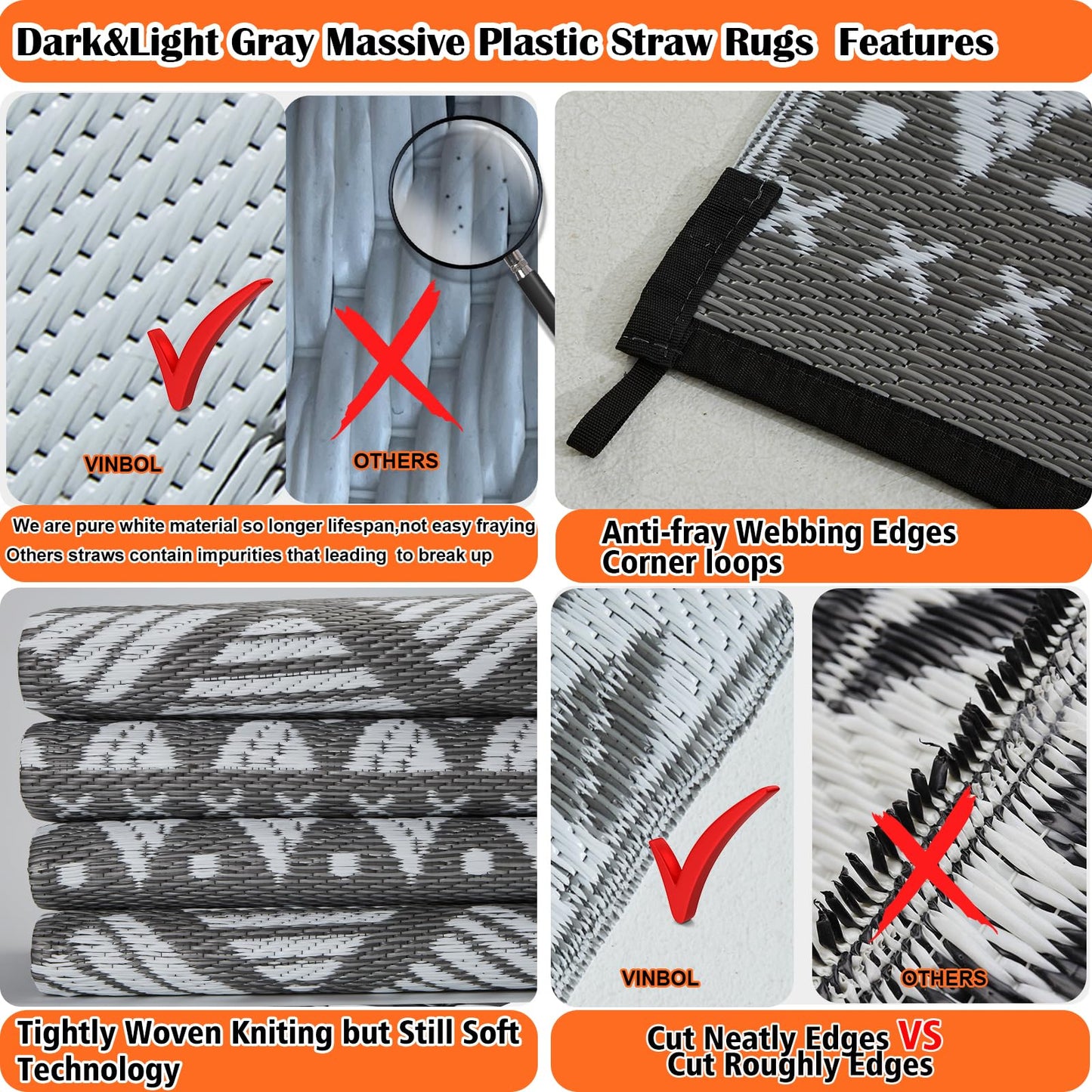 Outdoor Patio Rugs 8x10 Waterproof Outdoor Plastic Straw Rug Reversible Outdoor Rug 8x10 Clearance Rv Mat UV Fade Resistant ,Stain Resistant, Grey White Outside Rug for Deck,Balcony,Camping,Pool