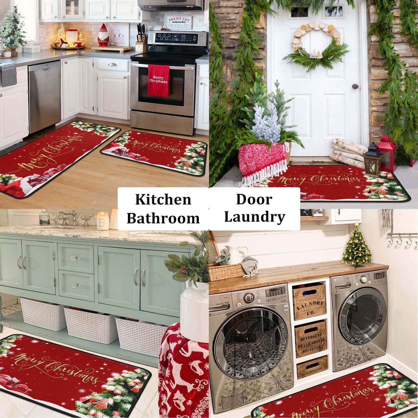 Christmas Kitchen Rugs 2 PCS, Merry Christmas Kitchen Rug, Non Skid Washable Padded Soft Comfort Kitchen Rugs Set (17"x47"+17"x30",Merry Christmas)