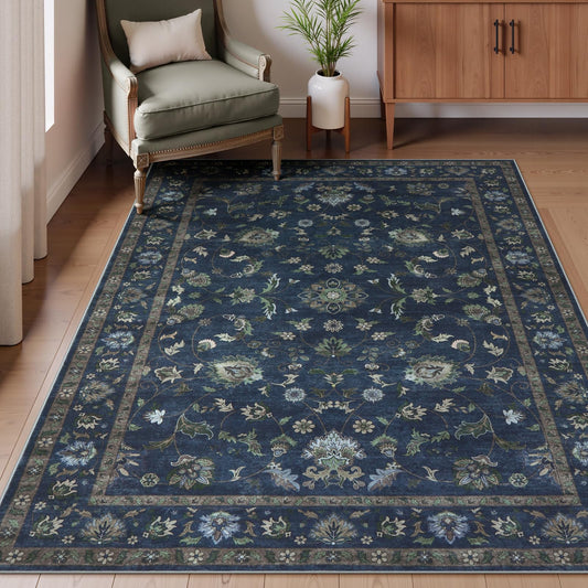 Wonnitar 5x7 Washable Area Rug, Non Slip Vintage Floral Rug for Bedroom, Ultra-Thin Stain Resistant Floor Carpets Rugs for Living Room Dining Room Home Office,(Blue,5x7)