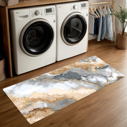 ANNA QUEEN Gray Gold Marble Laundry Room Rug Runner 20 x 47 Inch,Non Slip Washable Cushioned Modern Floor Mat for Washer Dryer,Kitchen and Bathroom