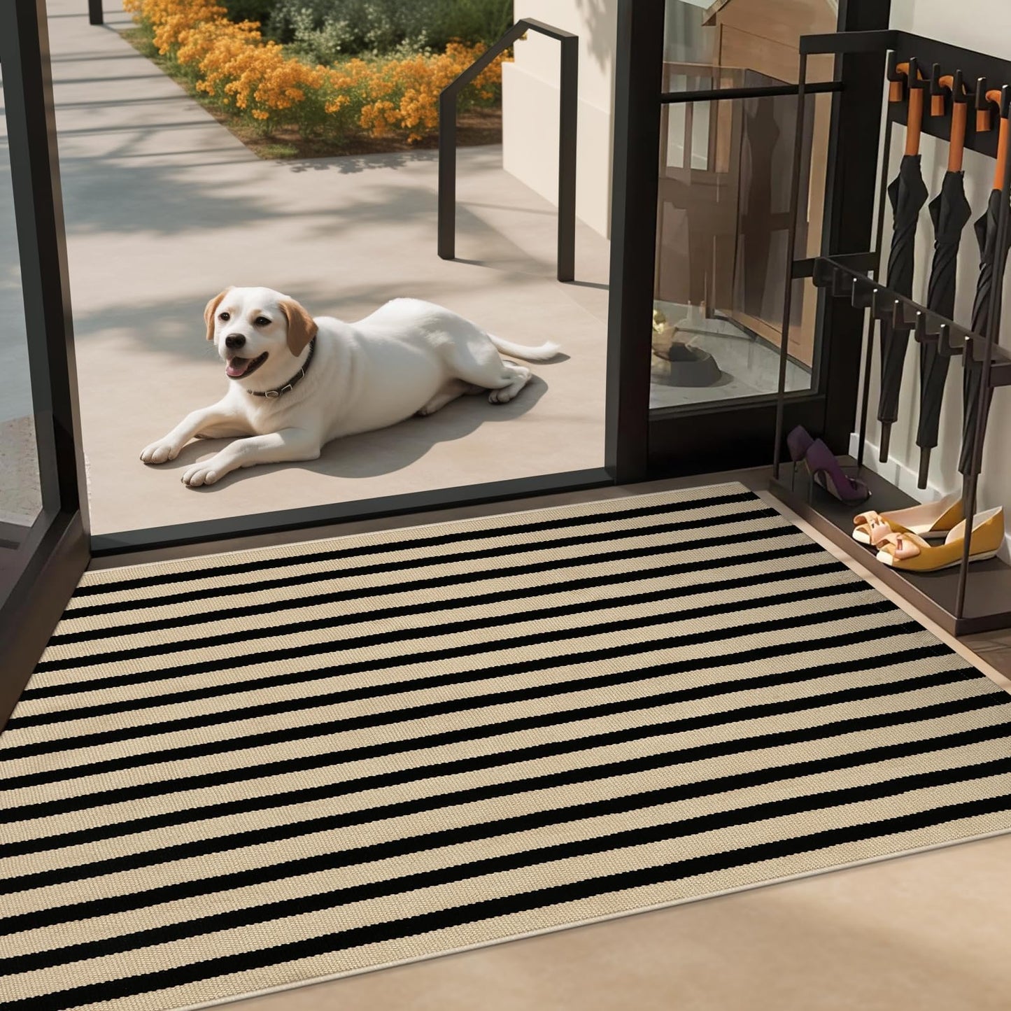 LEEVAN Outdoor Patio Rug 3x5, Washable Black and White Outdoor Rug, Outside Welcome Mat Striped Porch Door Mat Outside Entrance Layered Indoor Doormat