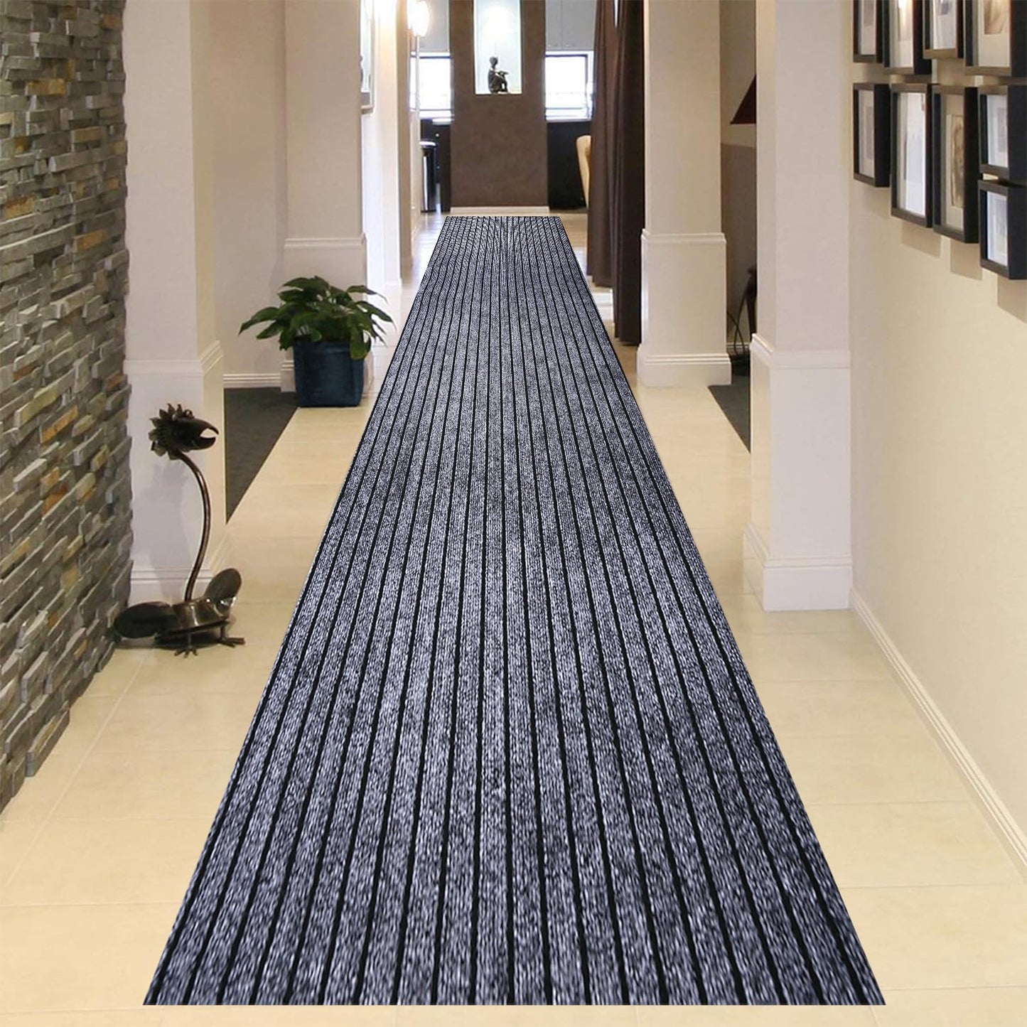 Extra Long 3x15 ft Runner Rug for Hallway, Non-Slip Indoor Outdoor Carpet with TPR Backing, Durable Waterproof Mat for Kitchen, Patio, Balcony, Garage, Deck, Entryway, Stair, Grey Wide Stripes