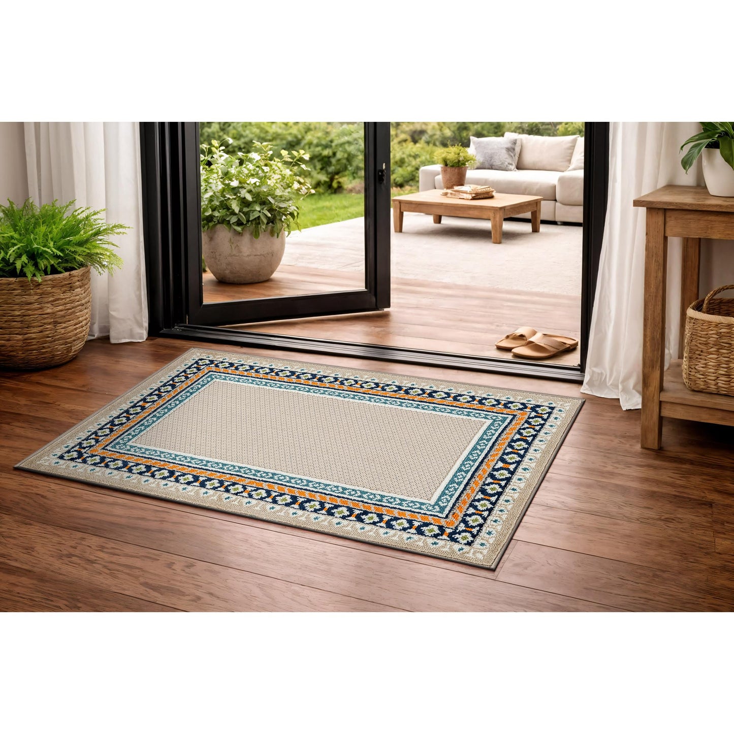Rugshop Indoor/Outdoor High-Low Textured Area Rug, Coastal Border, Easy-Clean Patio Rug for Porch Deck Balcony 2' x 3' Multi