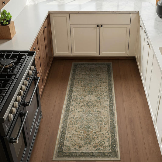 Jainmy Vintage Medallion 2x5 Runner Rugs for Hallways Non Slip Machine Washable, Low Pile Lightweight Carpet Runner for Entryway/Kitchen/Bathroom/Corridor/Laundry Room, Multi Brown/Green