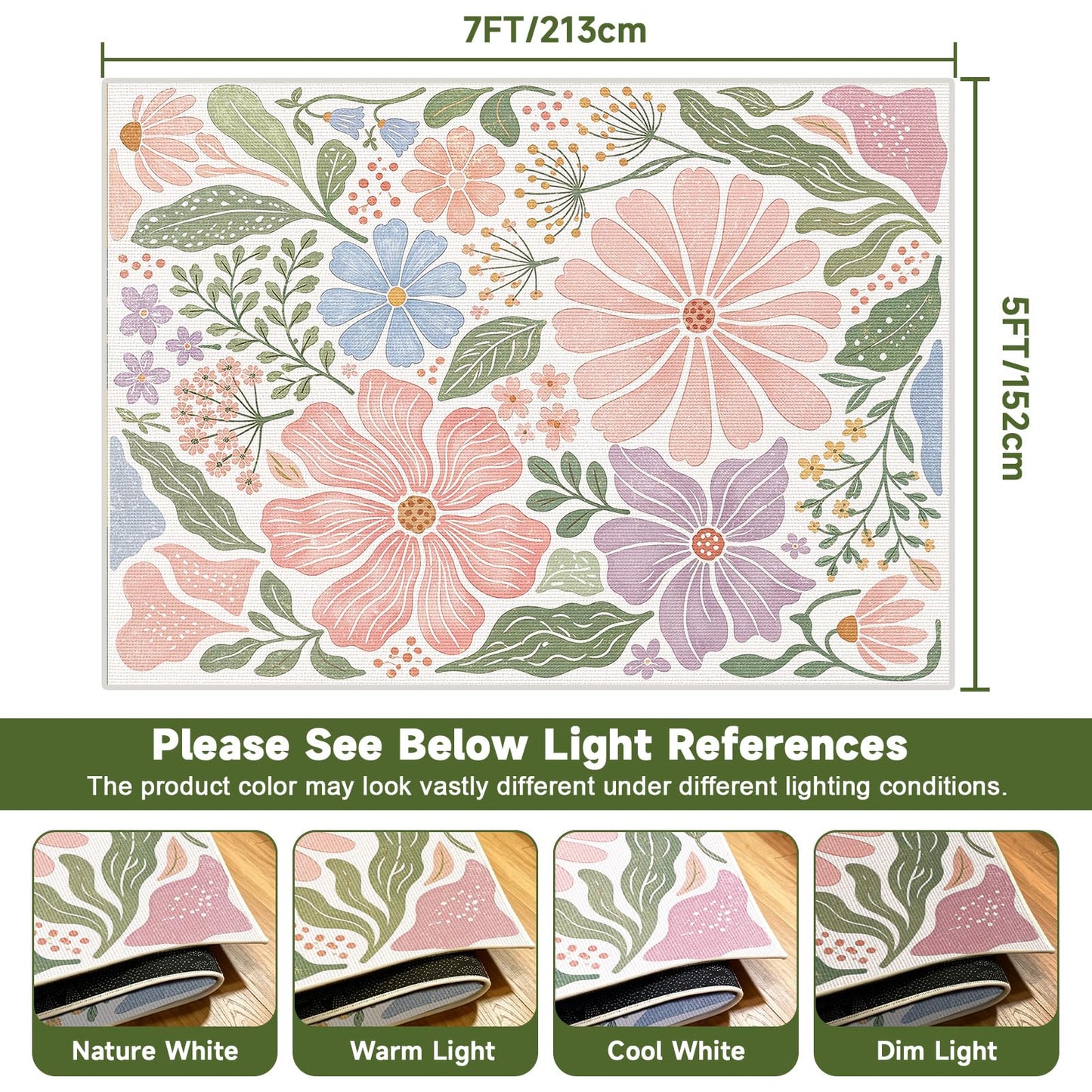 Pink Floral Area Rug for Living Room, 5x7 Soft Low Pile Washable Stain Resistant Non Slip Carpet, Boho Modern Abstract Botanical Pattern for Bedroom Sunroom