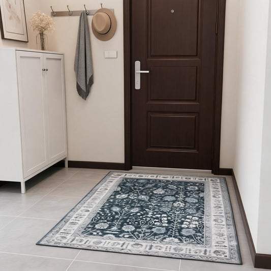 Garvee 5x7 Ft Vintage Floral Area Rug, Non Slip Non Shedding Floor Carpet Low Pile Thin Rug Soft Washable Rug, for Living Room, Bedroom, Black