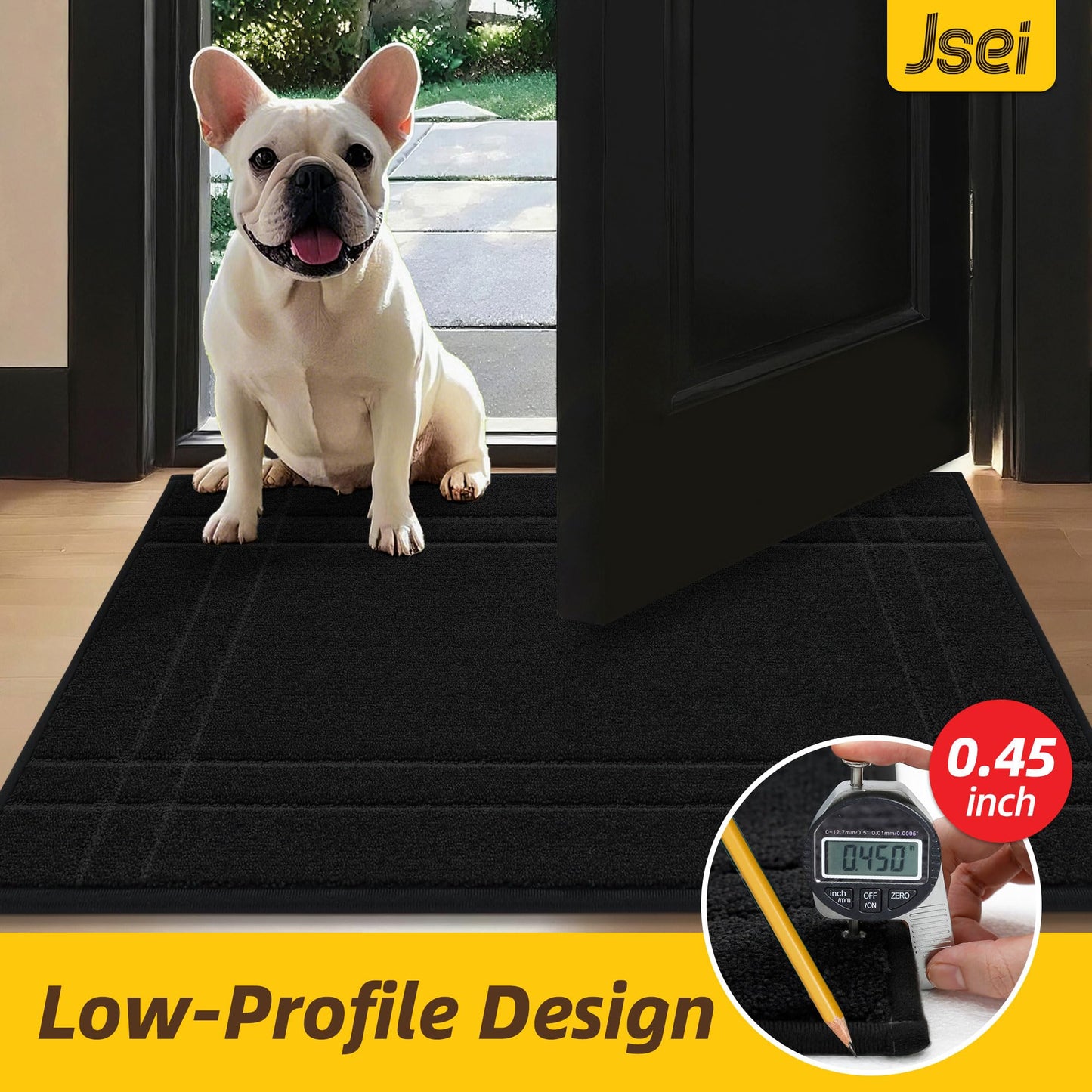 JSEI Door Mat for Entrance, Washable Low Profile Doormat for Front Door & Back Door, Absorbent Entryway Rugs with TPR Non-Slip Backing for Wet Shoes & Dirty Paws, 24" x 36", Black