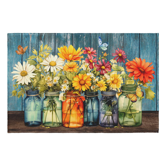 Wnoesat Daisy Entryway Area Rug Easter Spring Summer Vintage Flower Vases Door Mat 2x3 Rustic Floral Non-Slip Low Pile Front Doormat Washable Throw Rug for Living Room Bedroom Bathroom Kitchen