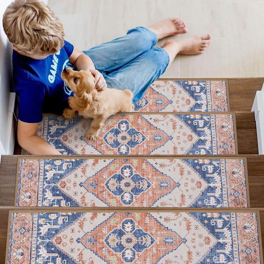 Lahome Non Slip Peel and Stick Stair Treads 15 Pack 8" X 30" Carpet Treads for Wood Stairs, Washable Self Adhesive Mat Edging Staircase for Tenant Defend The Steps from Scratches Dorie,Blue-Tan