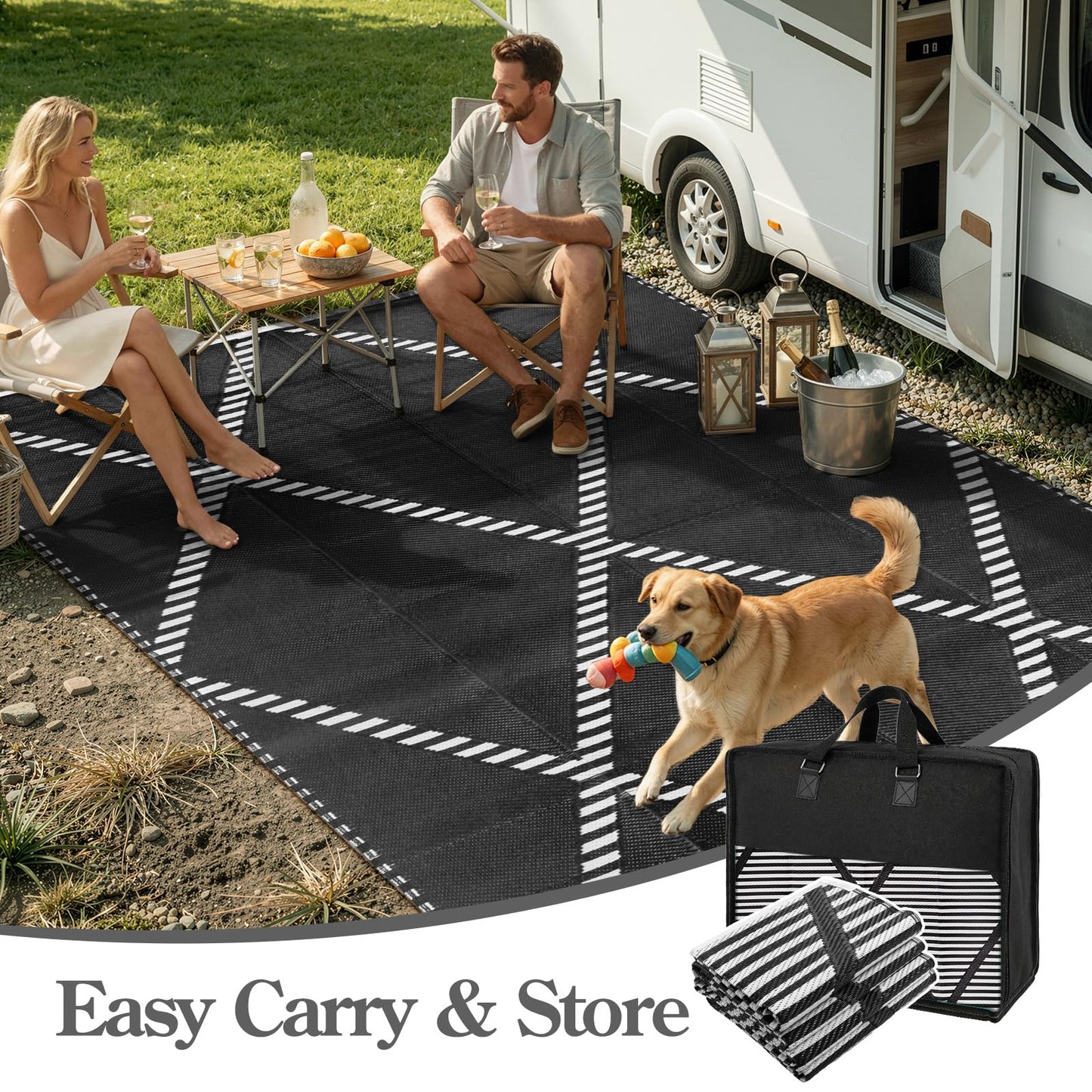 Wonnitar Outdoor Rug 6x9, Waterproof Reversible Plastic Straw Rug for Patio, Foldable Camping Mat with Carry Bag for RV, UV-Resistant Outside Rug for Deck, Balcony, Beach, Black & White