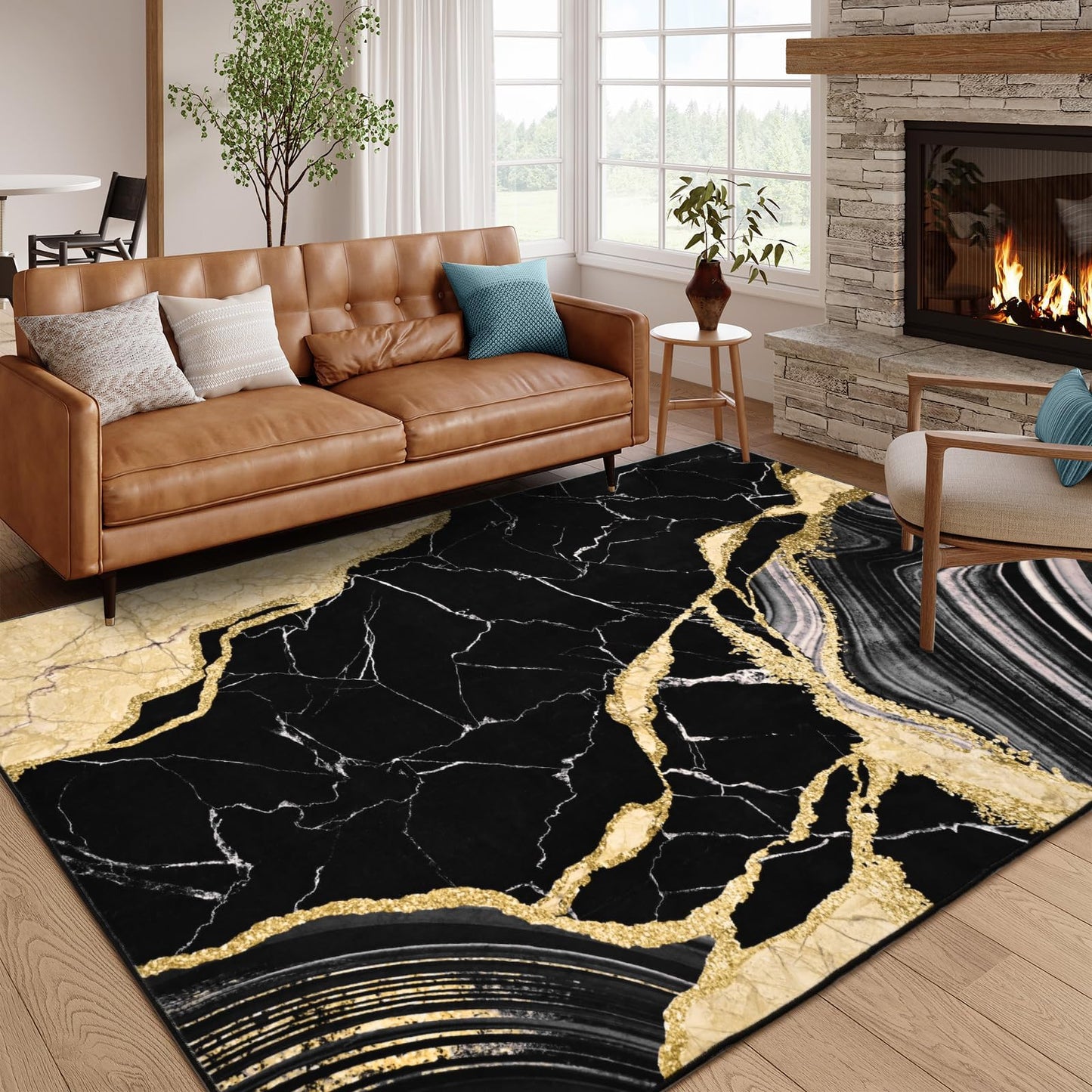 ASPMIZ Marble Area Rug 5x7 Washable Rugs for Bedroom, Soft Faux Wool Black and Gold Living Room Rugs Non Slip Modern Floor Carpet Low Profile Large Throw Rug for Dining Room Home Office Decor
