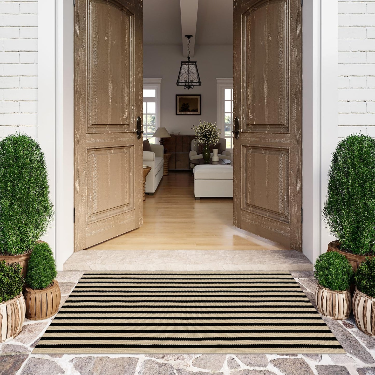 LEEVAN Outdoor Patio Rug 3x5, Washable Black and White Outdoor Rug, Outside Welcome Mat Striped Porch Door Mat Outside Entrance Layered Indoor Doormat