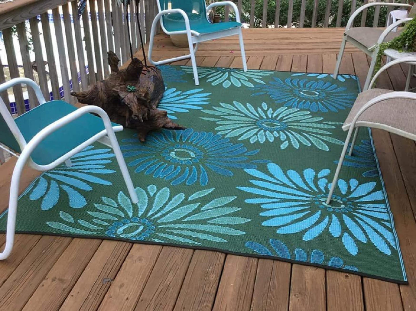 Mad Mats Outdoor Rug, Reversible Plastic Mat for Patio, Porch, Deck, Kitchen & Bath, Daisy, 6' x 9', Aqua/Green