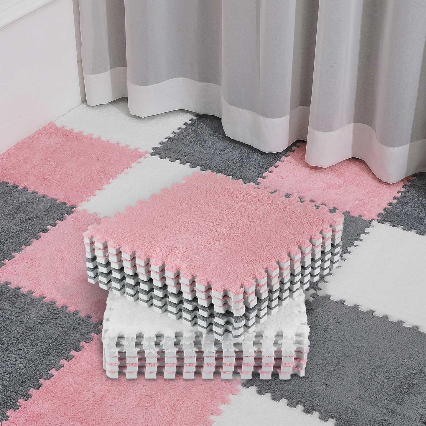 Amylove 72 Pieces Plush Foam Floor Mat Square Interlocking Carpet Tiles with Border 12 x 12 x 0.4 in Fluffy Play Mat Floor Tiles Soft Climbing Area Rugs for Home Playroom(White, Gray, Pink)