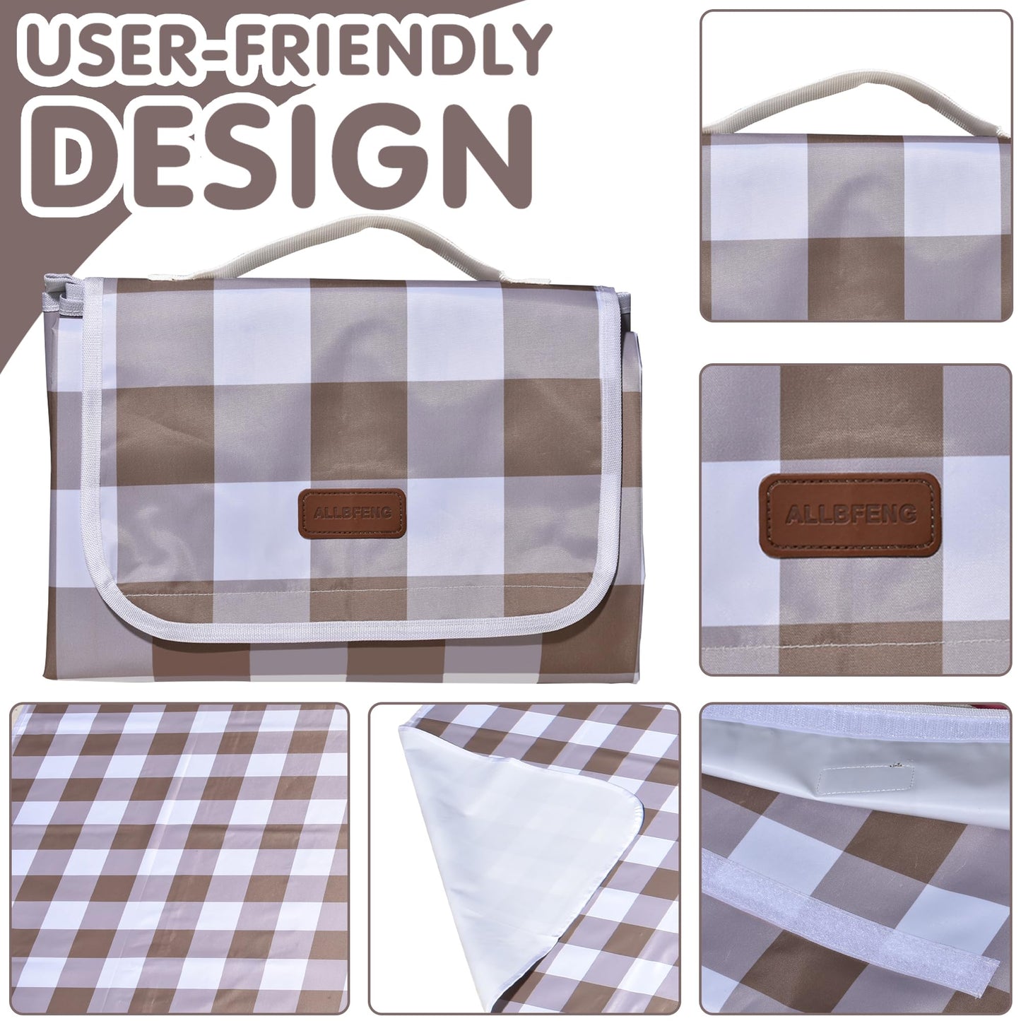 ALLBFENG 80"x60" Waterproof Sandproof Picnic Mat - Portable Foldable Outdoor Blanket for Beach, Park, Travel & Indoor Use - Lightweight Compact Design, Easy-Carry (Light Brown)