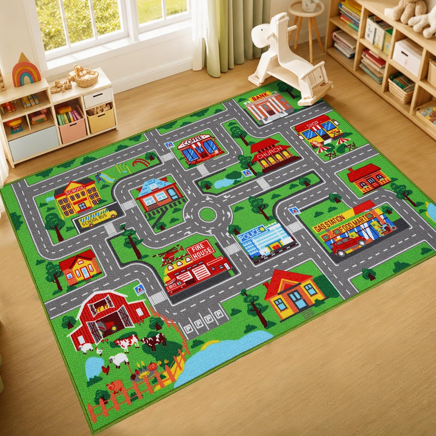Kids Carpet Playmat Rug 59"x39.4", Car Rug for Kids Cars, Non-Slip Town City Road Map Kids Rugs for Playroom Bedroom Boys, Kids Cars Play Mat Track Road Rugs for Kid(59X39.4Inch,Green)