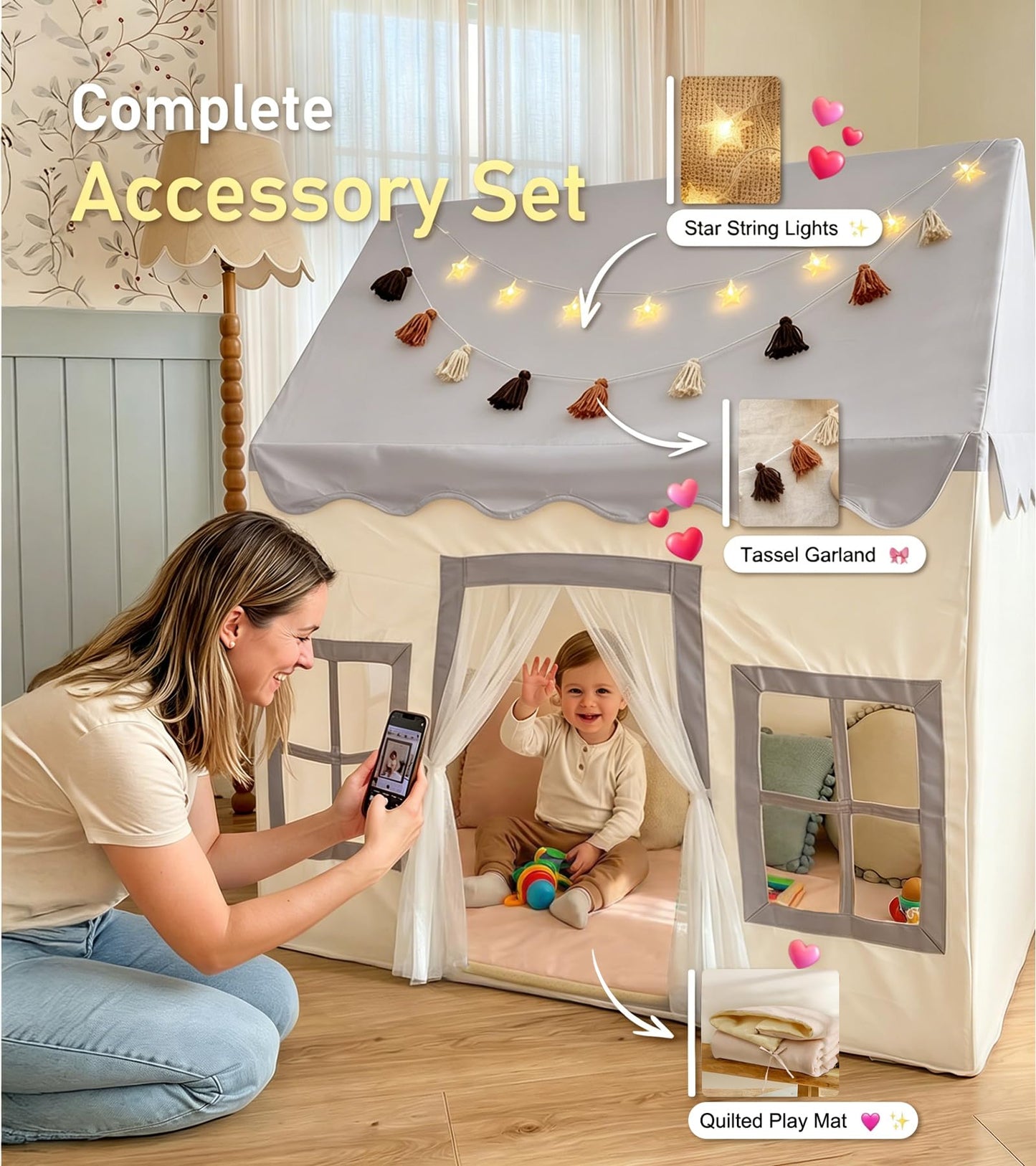Large Kids Tent with Mat, Star Lights, Tissue Garland, Play Tents for Indoor & Outdoor Use, Kids Play Tent for Girl & Boy Aged 3+, 52" x 35" x 52" Playhouse with Windows, Washable, Grey