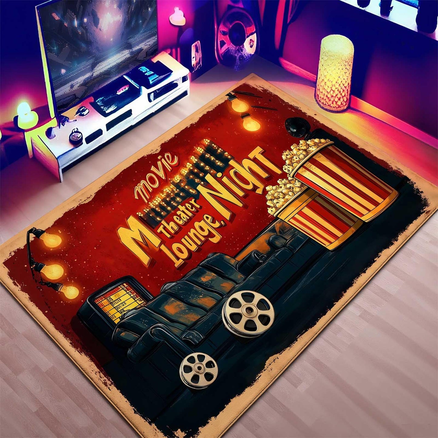 aeevho 4x6 Movie Area Rug, Movie Night Home Theater Floor Rug, Vintage Movies Theater Rugs, Washable Low Pile Film Rugs for Living Room, Theater Room, Bedroom