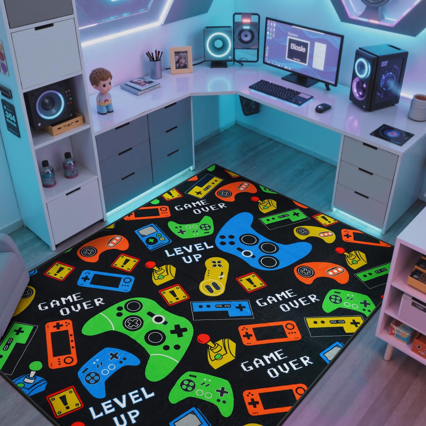 STARUIA Gamer Area Rug for Boys Room, 5x7 Washable Kids Rug for Boy Bedroom, Soft Black Cool Teens Video Games Console Carpet Kids Room Rugs for Game Room Playroom Living Room