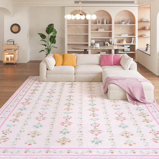 Kitogna 9x12 Area Rugs, Floral Washable Area Rug with Low Pile, Non-Slip Boho Vintage Area Rugs for Living Room, Bedroom, Kids Playroom & Entry