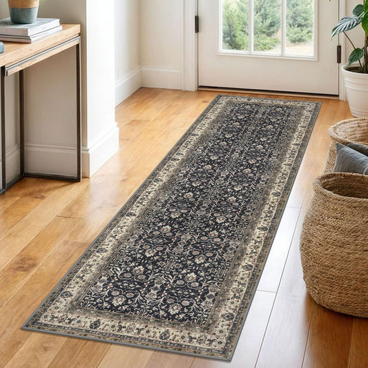 SIILOOM 2x6 Washable Runner Rug for Hallways, Black Soft Vintage Tribal Kitchen Rugs with Non-Slip, Non-Shedding Tribal Floral Rug for Bedroom Kitchen Porch Laundry Entryway