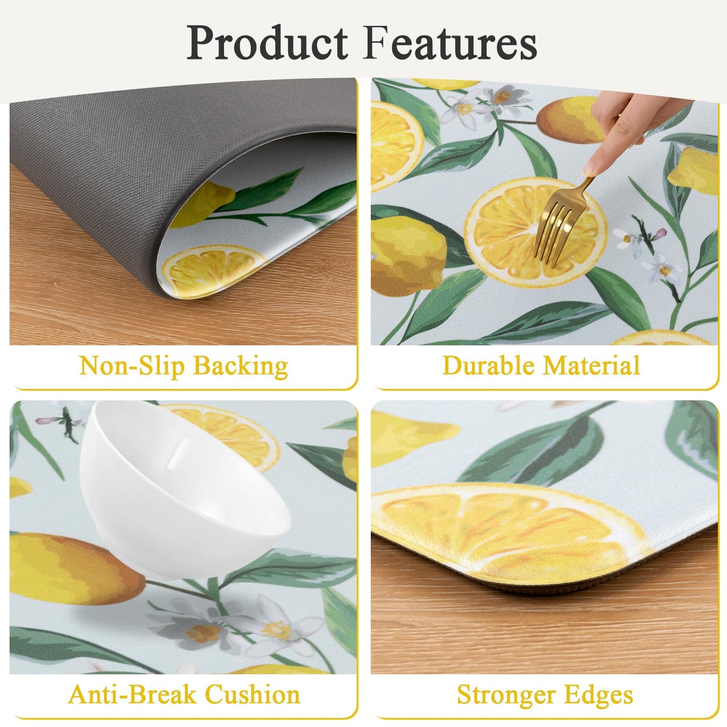 SHACOS Anti Fatigue Lemon Kitchen Rugs Mats Set of 2 Pieces Non Slip Soft Cushioned Standing Mat and Runner Wipeable Waterproof Floor Mat, 17"x27.5"+17"x47", Light Blue