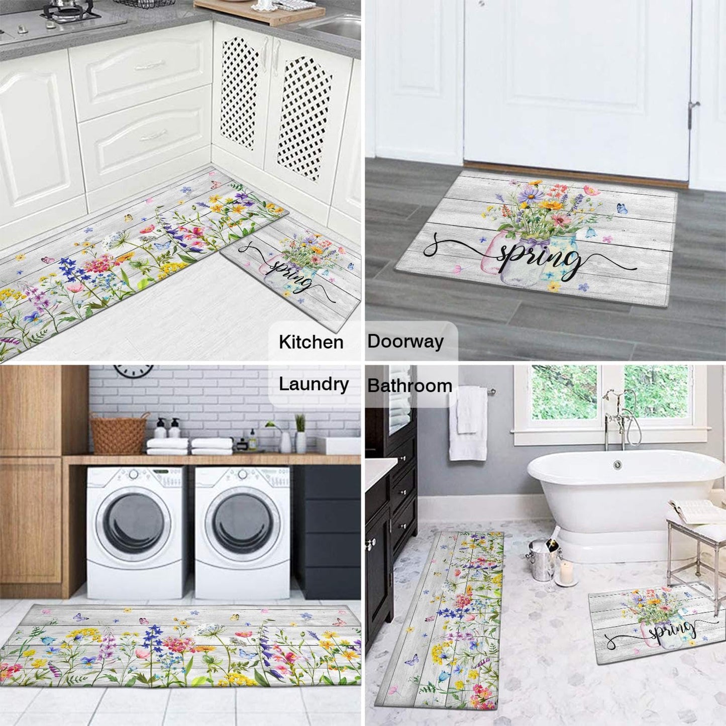 Twyt decor Spring Kitchen Rug Set of 2,Non-Slip Washable Kitchen Mats,Wood Grain Floral Kitchen Mats,Spring and Summer Holiday Decorations for Home Kitchen,17x30+17x47 Inch