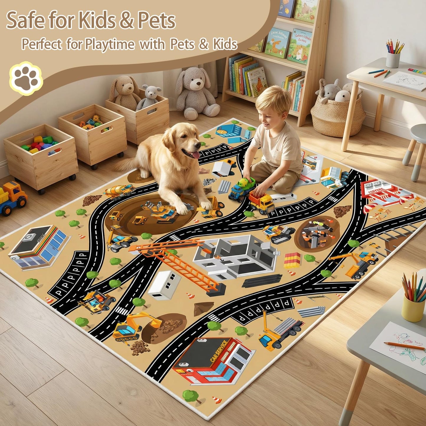 5x7 Ft Construction Site Car Rug Play Mat, Faux Wool Kids Rugs Engineering Car Playmat for Children Toddler, Non Slip City Road Trucks Rug Washable Carpet for Boy Playroom Bedroom Nursery