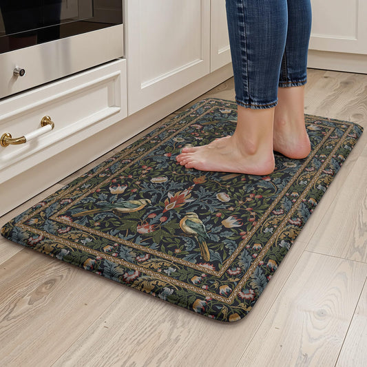 KIMODE Comfort Kitchen Mats for Floor Cushioned Anti Fatigue,Boho Floral Vintage Sink Rug Non Slip for Laundry,Memory Foam Padded Standing Desk Mat for Office,Navy Blue Green
